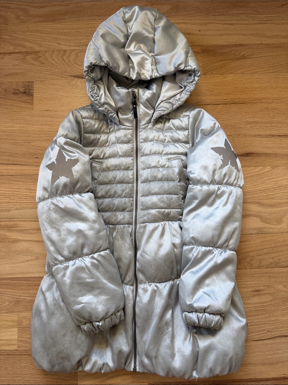 Molo Silver Metallic Hooded Princess Puffer Coat Girls size EUR 140/ US 9/10